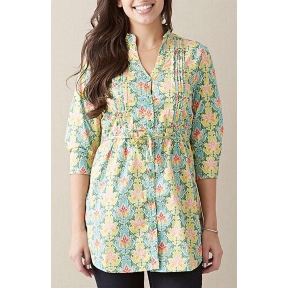 Matilda Jane Tunic Top Women's Medium Yellow Blue Floral Damask Pintuck